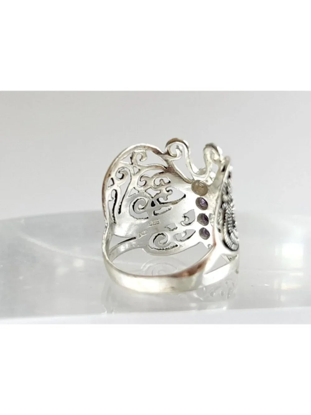 Butterfly Figural Amethyst Gemstone Sterling Silver 925 Vintage Ring - sz 8.5
